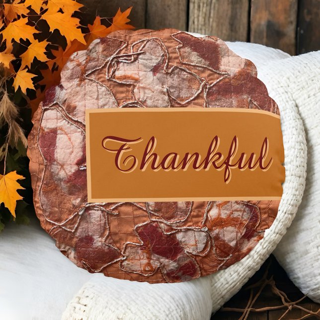 Almofada Redonda Bordado do obrigado de laranja rústico com script  (Criador carregado)