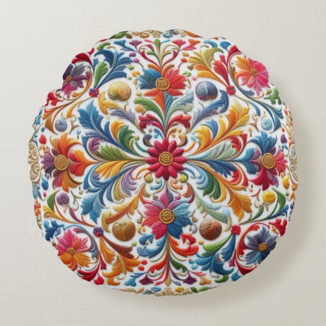 Almofada Redonda Bordados Coloridos Parecendo Design (Frente)