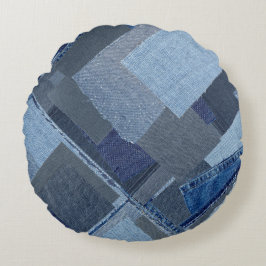 Almofada Redonda Boro Boro Blue Jean Patchwork Denim Shibori