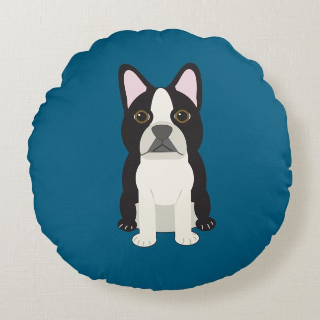 Almofada Redonda Boston Terrier azul (Frente)
