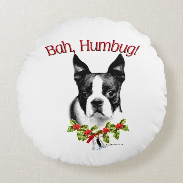 Almofada Redonda Boston Terrier Bah Humbug (Frente)