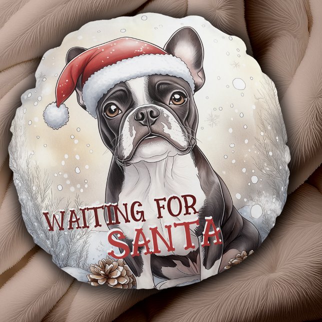 Almofada Redonda Boston Terrier Esperando por Papais noeis Cachorro (Personalize this Boston Terrier Waiting For Santa Dog Watercolor Round Pillow with your message.)