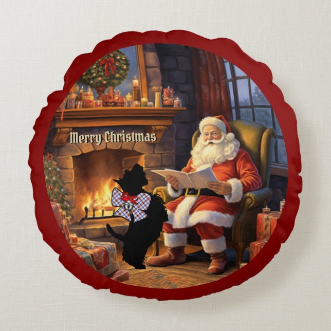 Almofada Redonda Boswell Scottie Dog & Papais noeis Personalizados  (Frente)