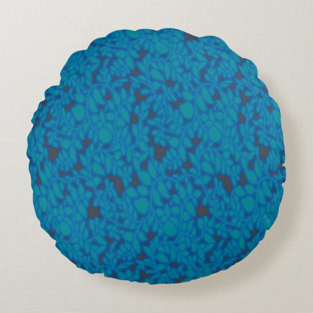 Almofada Redonda Botânica Azul | Decoração Luxuosa (Frente)