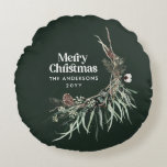 Almofada Redonda Botânica elegante e verde de aquarela<br><div class="desc">Verde escuro moderno elegante rústico,  cromo d'água seco,  cor botânica floral,  cor mutada,  de Natal,  decoração.</div>
