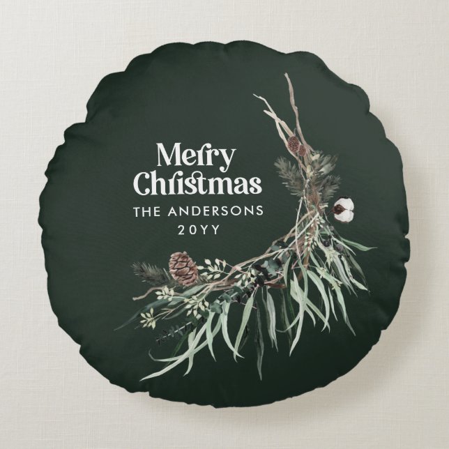 Almofada Redonda Botânica elegante e verde de aquarela (Frente)