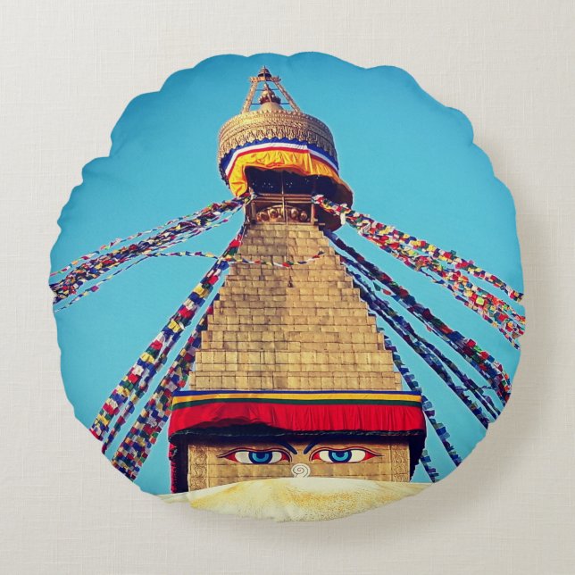 Almofada Redonda Boudhanath Stupa, Olhos Buda, Himalaias, Nepal (Frente)
