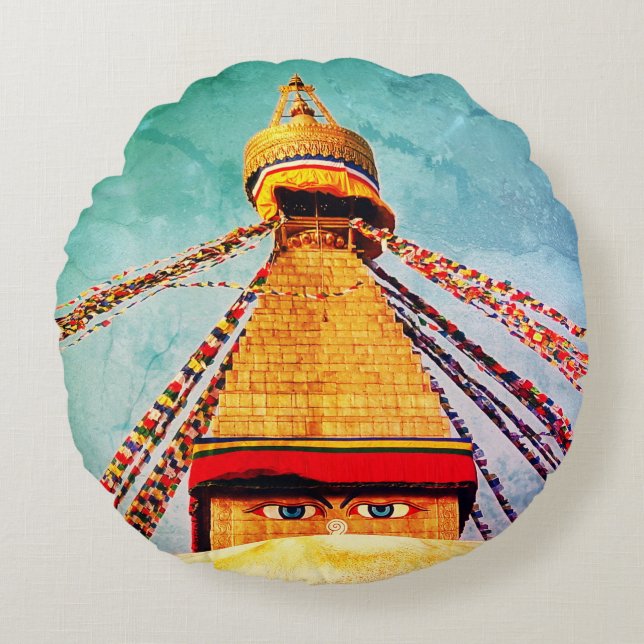 Almofada Redonda Boudhanath Stupa, Vintage Buddha, Himalaia, Nepal (Frente)