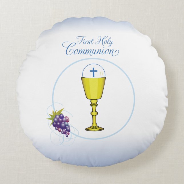 Almofada Redonda Boy First Communion, Chalice com Host e Uvas (Frente)