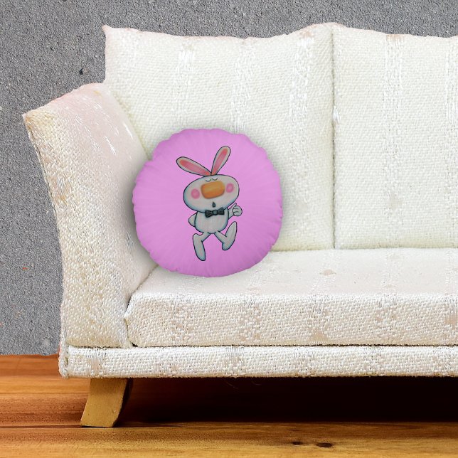 Almofada Redonda Branca Rosy Cheeks Minúsculos Sinal Linhas Rosa (Fun white rabbit for Easter or spring Thumbs up sign on pink decorative throw pillow.)