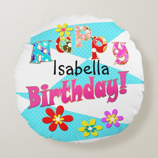 Almofada Redonda Brancos brancos, cor-de-rosa, brilhantes, flores,  (Frente)