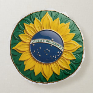 Almofada Redonda Brazil Solar Emblem - Luxury 3D National Pride Art