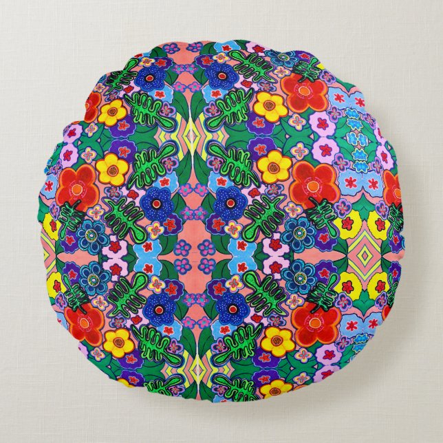 Almofada Redonda Bright Abstrato Flower Art (Frente)