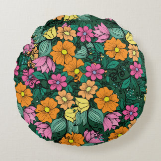 Almofada Redonda bright floral pattern on a green background. Vinta