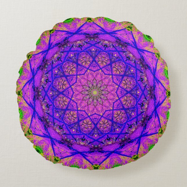 Almofada Redonda Bright Purple e Green Mandala (Frente)