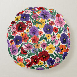 Almofada Redonda Bright Spring Pansies Floral Garden Pattern