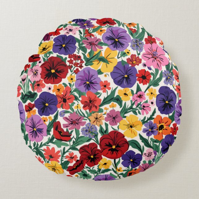 Almofada Redonda Bright Spring Pansies Floral Garden Pattern (Frente)