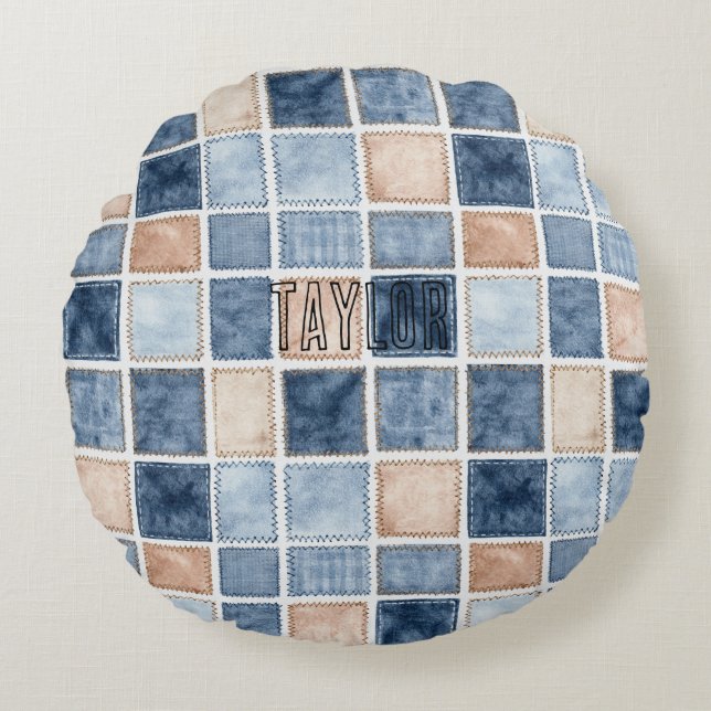 Almofada Redonda Brilho Azul Falso Denim Creme  (Frente)