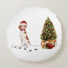 Almofada Redonda Brittany Natal Divertido Cachorro e Árvore