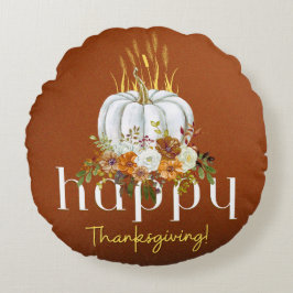 Almofada Redonda Brown Rustic Happy Graças Floral Pumpkin