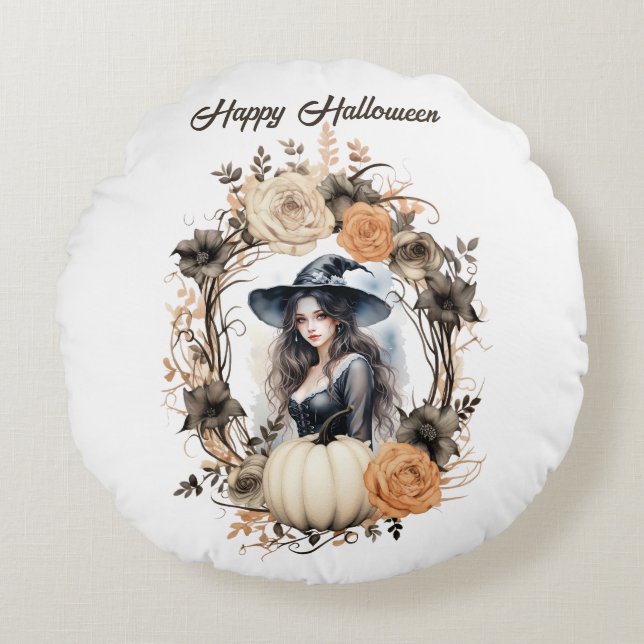 Almofada Redonda Bruxa bonito no Halloween Wreath (Frente)