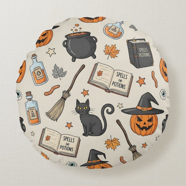 Almofada Redonda Bruxa de Halloween Vintage (Frente)