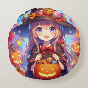 Almofada Redonda Bruxa do Halloween do Anime Bonito