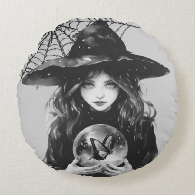 Almofada Redonda bruxa em travesseiro redondo (Frente)