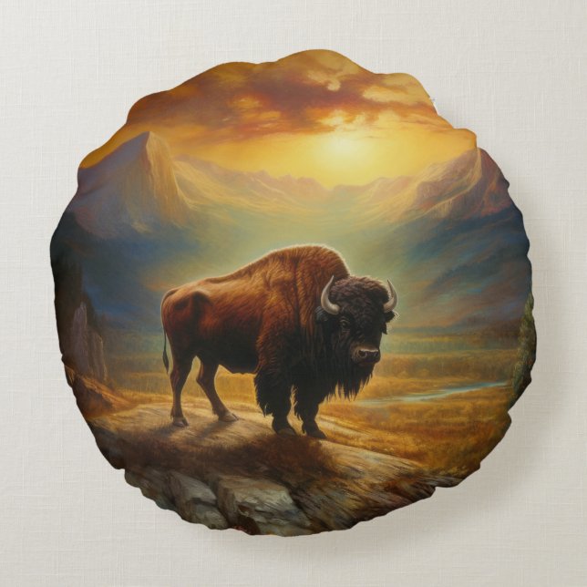 Almofada Redonda Buffalo Bison Sunset Silhouette (Verso)