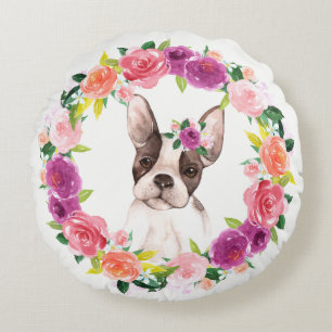 Almofada Redonda Buldogue Francês com Travesseiro Floral Wreath