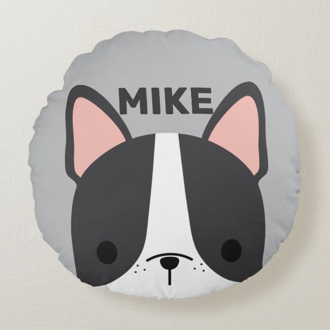 Almofada Redonda Bulldog Francês Bonito com Nome Personalizado (Frente)