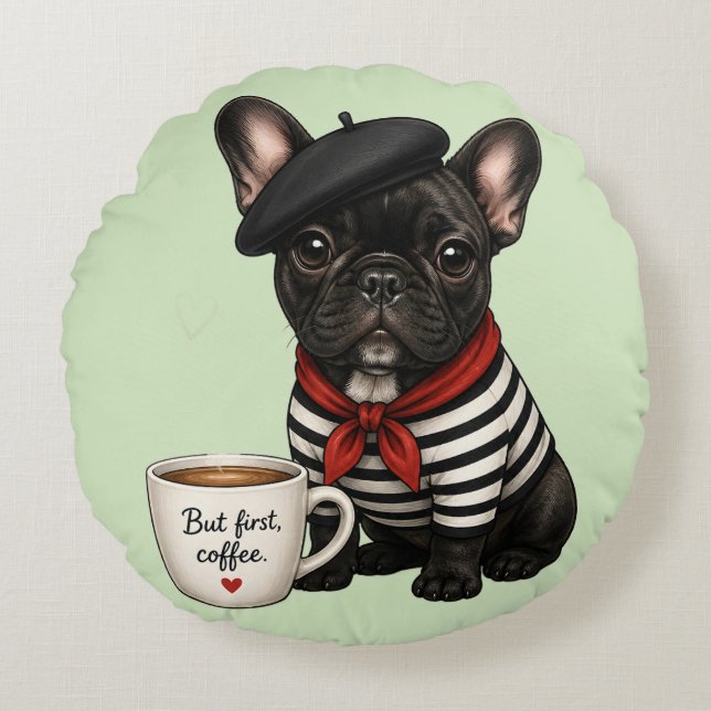 Almofada Redonda Bulldog Francês com café (Frente)