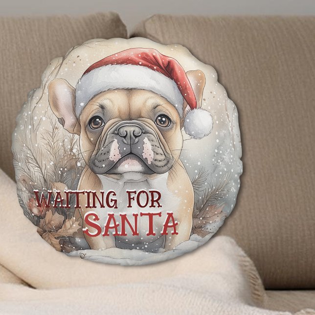 Almofada Redonda Bulldog Francês Esperando Por Papais noeis De Nata (French Bulldog Waiting For Santa Christmas Round Pillow - Personalize with your own message)