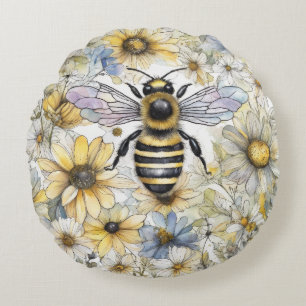 Almofada Redonda Bumble Bee primavera floral pintado.