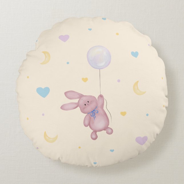 Almofada Redonda Bunny on Bubble Cute Nursery Pillow for Kids Room  (Frente)
