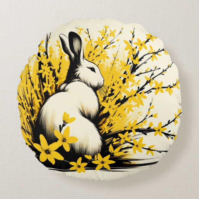 Almofada Redonda Bunny Rabbit Primavera Amarelo Forsythia (Frente)