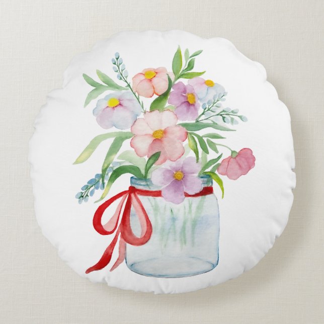 Almofada Redonda Buquê aquoso de flores num vaso com costela (Frente)