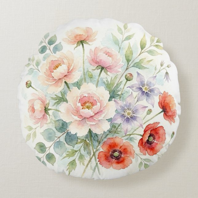Almofada Redonda Buquê de Flores Silvestres de Jardim de Campo em A (Frente)