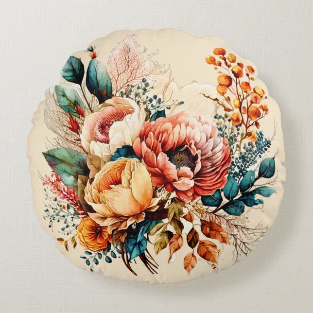 Almofada Redonda Buquê de queda de boho adorável (Frente)
