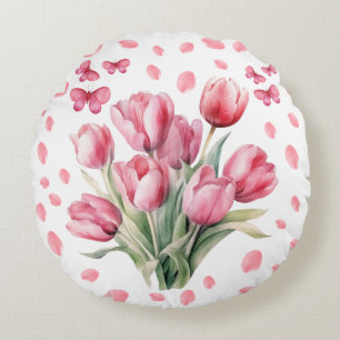 Almofada Redonda Buquê de tulipas em aquarela elegante pétalas