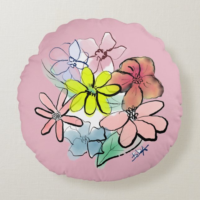 Almofada Redonda Buquê Floral Bonito e bonito da mulher (Frente)
