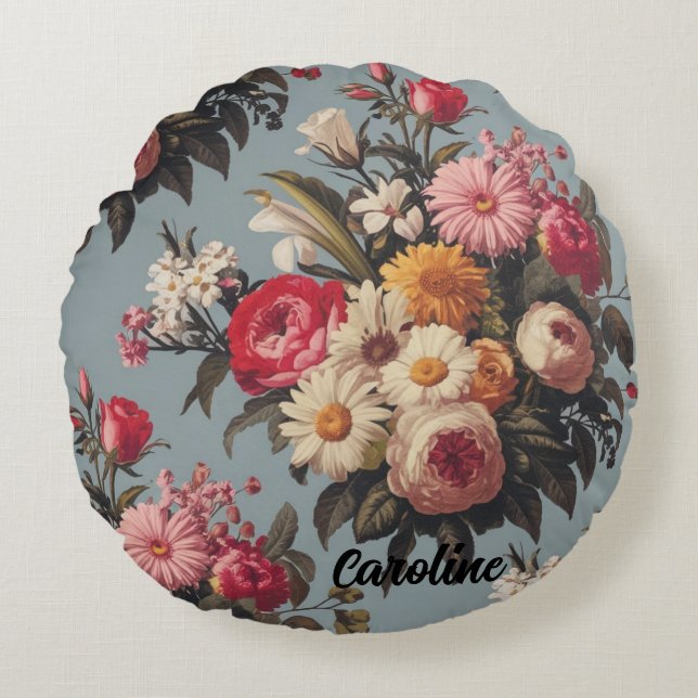 Almofada Redonda Buquê Floral Vermelho, Rosa, Branco E Amarelo (Frente)