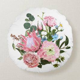 Almofada Redonda Buquê tropical com flores rosa.
