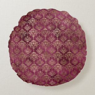 Almofada Redonda Burgundy Red Dourada Damask