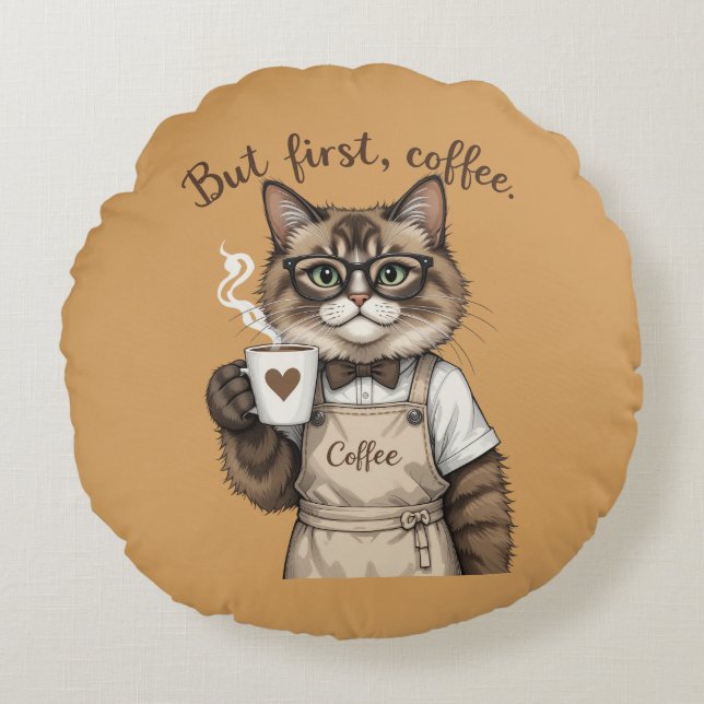 Almofada Redonda But First, Coffee Cat (Frente)