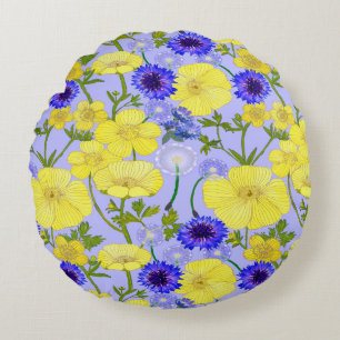 Almofada Redonda Buttercups, Dandelion Puffball Blue Cornflower