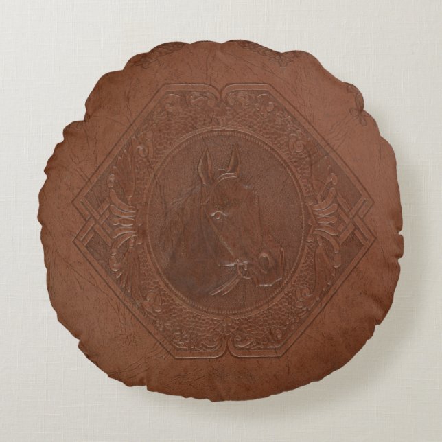 Almofada Redonda Cabeça de cavalo moldada de couro castanho (Frente)