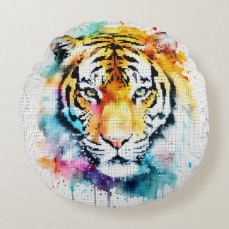 Almofada Redonda Cabeça de Tigre Colorida em Aquarela em Estilo Geo