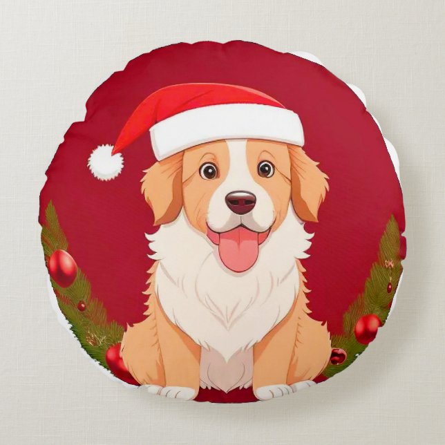 Almofada Redonda Cachorro Adorável Vestindo chapéu Santa (Frente)