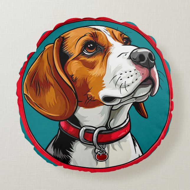 Almofada Redonda Cachorro Beagle com uma Coleira Vermelha (Frente)